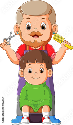 The barber man is ready to cut little boy's hair and smiling