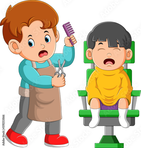 The little boy is crying while being shaved by barber man