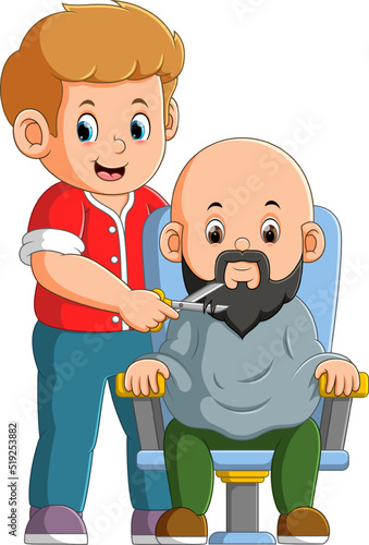 The bald guy is ready to shave on his long beard