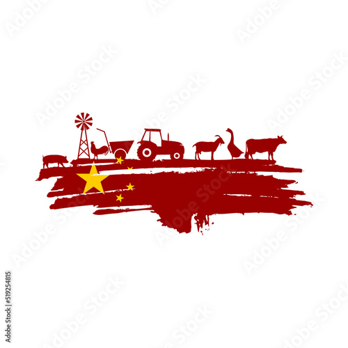 Brush stroke with agricultural icons textured by flag of China. Background for eco products.