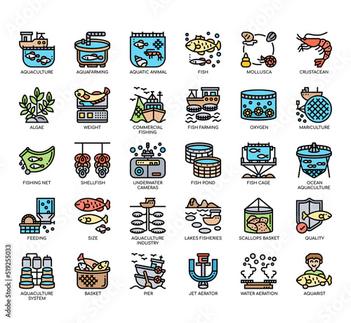 Set of  Aquaculture thin line icons for any web and app project.