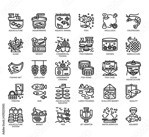 Set of  Aquaculture thin line icons for any web and app project. photo
