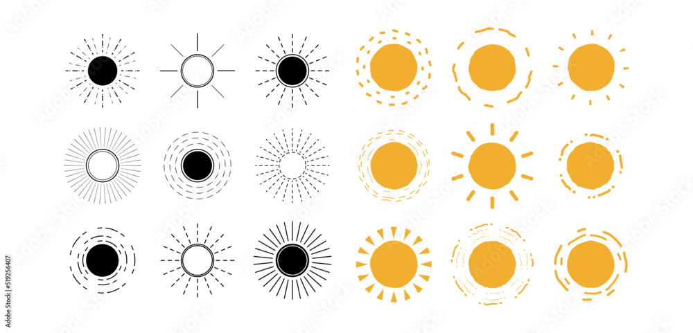 Set of sun vector. Collection of sun black and yellow icons in hand ...