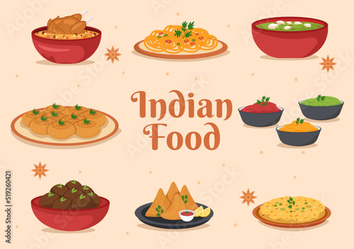 Indian Food Cartoon Illustration with Various Collection of Delicious Traditional Cuisine Dishes in Flat Style Design