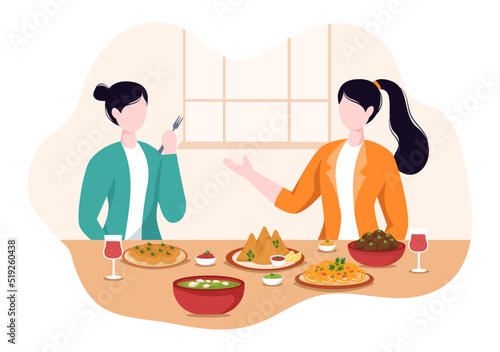 Indian Food Cartoon Illustration with Various Collections of Delicious Traditional Cuisine and Some People Eating it in a Restaurant