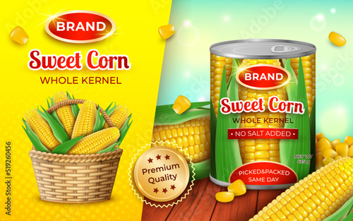 Realistic Detailed 3d Organic Canned Corn Ads Banner Concept Poster Card with Delicious Maize. Vector illustration