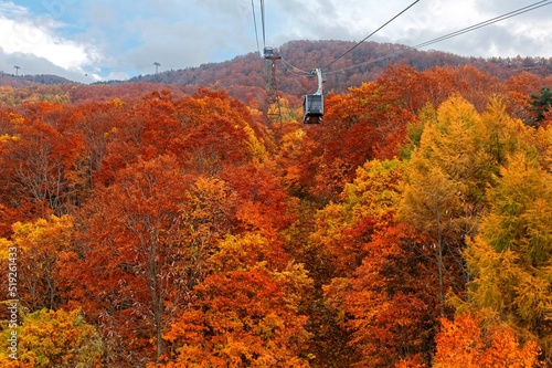 Fotografi View of a scenic cable car flying over the beautiful autumn valley of Zao, a fam