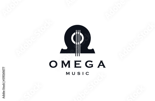 Omega symbol with Guitar shape,  omega music logo icon design template  flat vector illustration