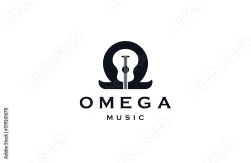 Omega symbol with Guitar shape,  omega music logo icon design template  flat vector illustration