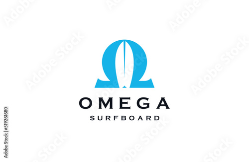 Omega symbol with surfboard shape logo icon design template  flat vector illustration