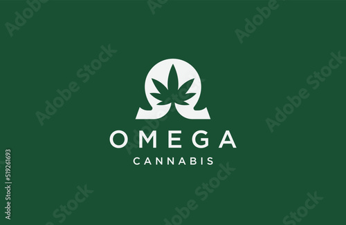 Omega symbol with cannabis leaf shape logo icon design template flat vector illustration