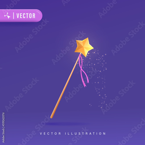 3D Realistic Golden Fairy Wand with Star Isolated on Purple Background Design Vector Illustration. 