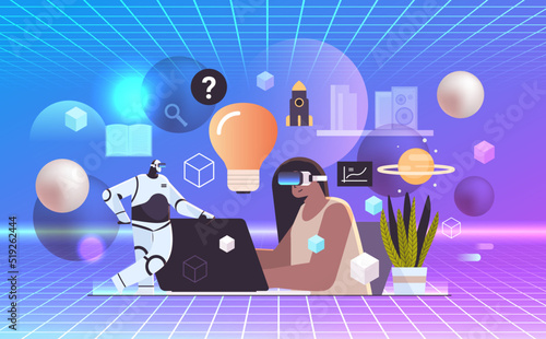 woman with robot in vr glasses working on laptop with light bulb creative idea startup business solution artificial intelligence