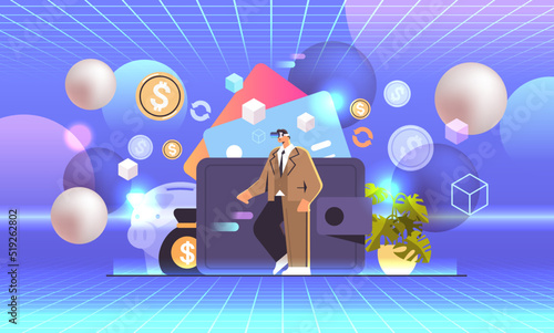 businessman in virtual reality glasses near wallet saving money getting profit high income investment earning finance success