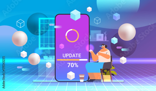 woman in virtual reality glasses updating operating system update process install new software on smartphone