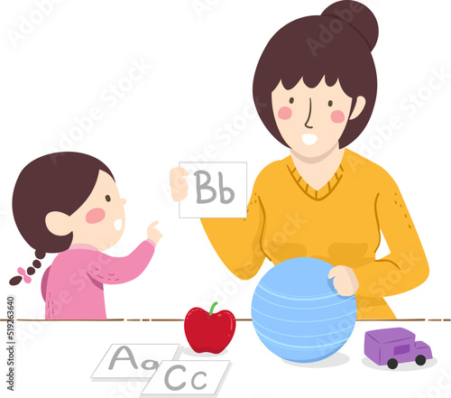 Mom Teach Kid Girl Word Sound Illustration