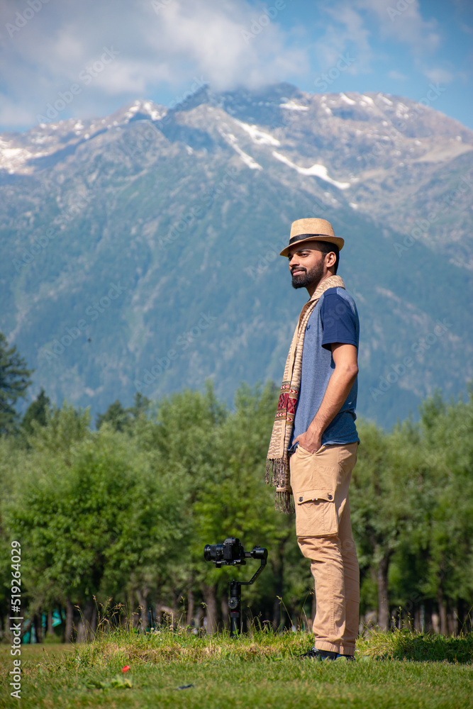 Hiker in the mountains, Betaab Valley, Pahalgam, Jammu and Kashmir, India.