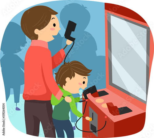 Kid Boy Play Arcade Dad Shooting Illustration