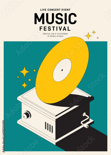 Music poster design template background with vinyl record vintage retro style