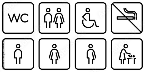 Toilet outline icon set.WC line sign. Man,woman,mother with baby and handicap symbol.Restroom for male, female, transgender, disabled.Editable stroke. Vector graphics