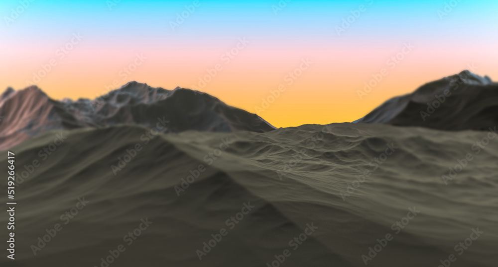 Mountain landscape at sunset, sunrise with blurred background. Relief of mountains and sky. Futuristic mountain landscape in blur. 3D render.