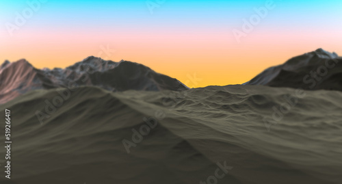 Mountain landscape at sunset  sunrise with blurred background. Relief of mountains and sky. Futuristic mountain landscape in blur. 3D render.