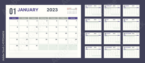 2023 calendar planner set for template corporate design week start on Sunday in color of the year. 