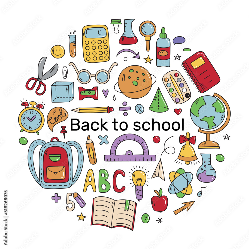 Background with school and educational items in doodle style, hand drawn vector symbols and objects. Colorful drawings for your design for Teacher's Day
