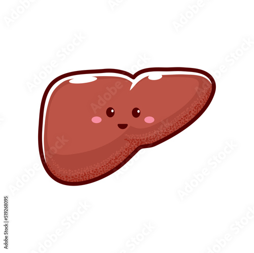 Healthy liver cartoon character with funny face. Vector happy liver, human body organ, smiling kawaii emoticon, kids liver human organ