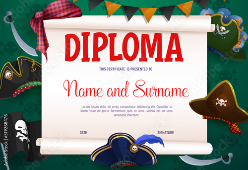 Kids pirate diploma. Corsair sabers, tricorn, cocked hats, flag, bandana on kindergarten kids education certificate. Child graduation award, competition winner vector diploma with corsair sabers