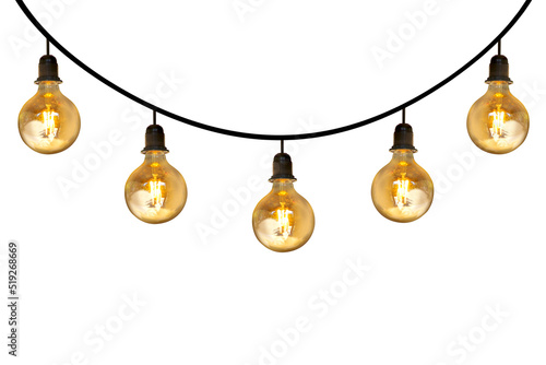 A row of light bulbs hanging on a wire on a white background.