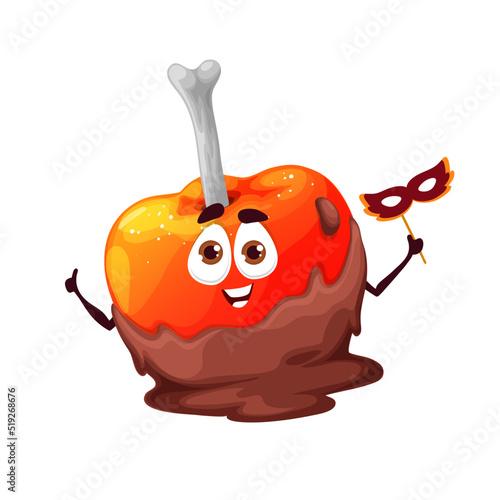 Cartoon Halloween apple with bone, vector fruit candy with caramel or chocolate sauce. Isolated confection spooky sweets, trick or treat party scary confectionery with dead human bone and mask in hand photo