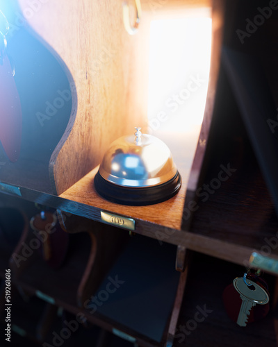 3D rendering, illustration of a hotel service bell in a key cabinet.