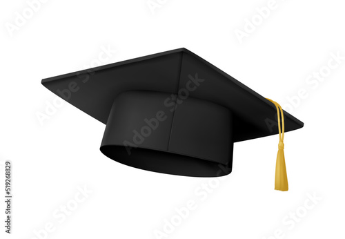 Graduate cap hat with tassel. University or student academic cap, realistic isolated vector. Graduate student hat or college degree black square hat with golden tassel, college diploma graduation