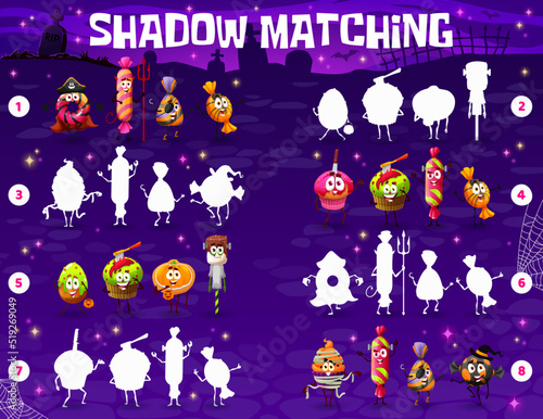 Shadow matching game worksheet, cartoon Halloween candy characters. Vector puzzle of kids education with trick or treat sweet food, brain game, riddle or memory test with find and match task
