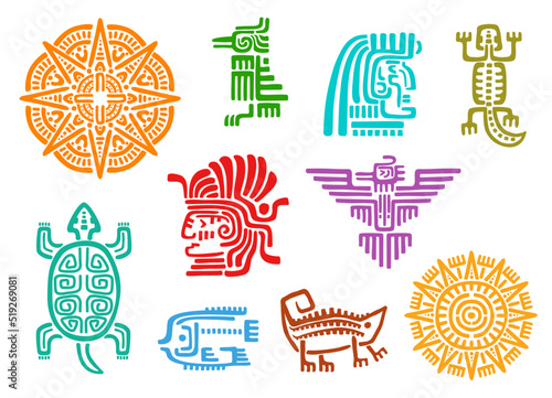 Mayan aztec totems, vector animal, bird, sun and god tribal ethnic symbols. Ancient mexican lizard, fish, turtle and crow, star, eagle and native indian or inca idol head with mayan aztec pattern