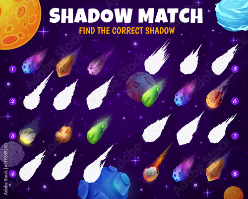 Shadow match game. Space comets, asteroids and meteors on shadow compare quiz, educational puzzle. Preschool kids game, playing activity vector worksheet with flying space comets in galaxy