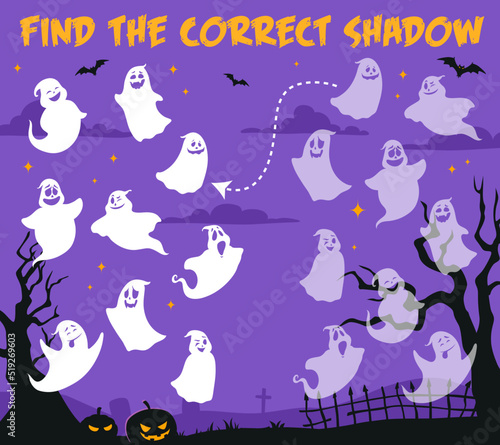 Find correct shadow, Halloween ghosts on cemetery, vector kids puzzle game. Find similar shadow silhouette or search riddle with funny cartoon ghoul ghosts and Halloween pumpkin lanterns © Vector Tradition
