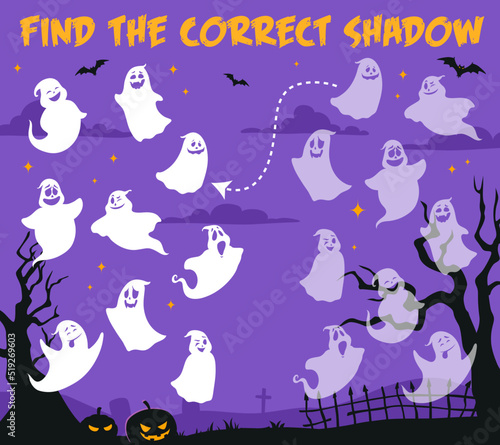 Find correct shadow, Halloween ghosts on cemetery, vector kids puzzle game. Find similar shadow silhouette or search riddle with funny cartoon ghoul ghosts and Halloween pumpkin lanterns