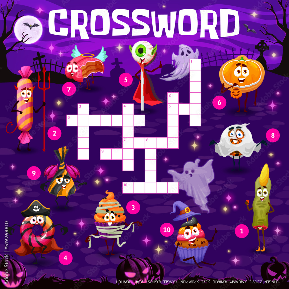 Crossword grid. Cartoon Halloween candy characters quiz game. Find a word vector puzzle of trick or treat sweets, pumpkin cake, chocolate ghost and bat, witch finger cookie, monster eye lollipop