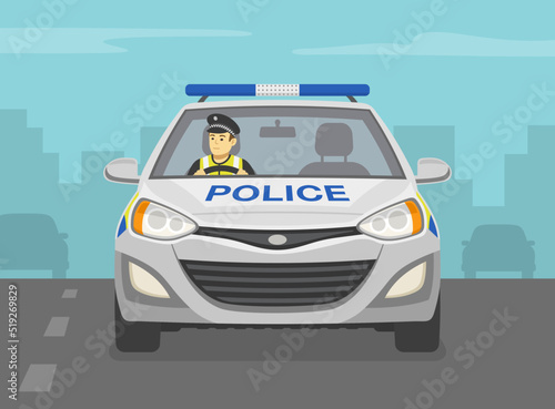 European traffic police officer driving a car on the city road. Traffic speed control. Front view. Flat vector illustration template.
