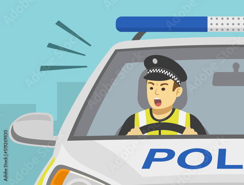 Driving a car. Close-up view of yelling male traffic police officer. Flat vector illustration template.