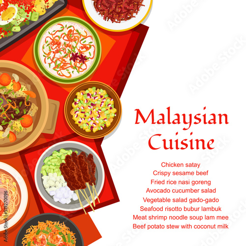 Malaysian food cuisine, Malaysia dishes and meals menu cover, vector Asian restaurant poster. Traditional Malaysian lunch and dinner food noodles, chicken and beef meat with rice and seafood shrimps