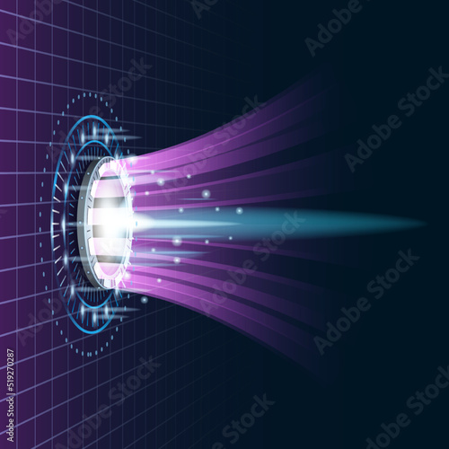 Futuristic portal sky-fi digital, circle science teleport tunnel with light rays and glows, podium, projector. Vector illustration, black purple background