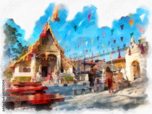 Ancient temples in the northeastern provinces of Thailand watercolor style illustration impressionist painting. © Kittipong