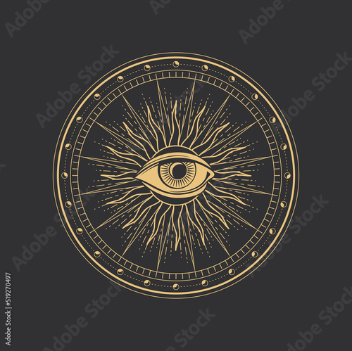 Esoteric magic symbol, occult, mystic alchemy and astrology, vector tarot card. Esoteric symbol of sun and eye in sacred spiritual circle of moons, occult magic emblem or sacred geometry sign photo