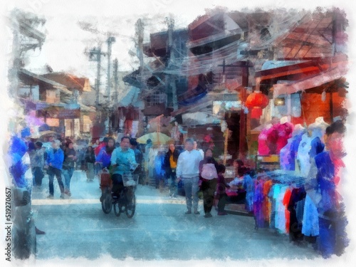 Street landscape in a commercial area of rural Thailand watercolor style illustration impressionist painting. © Kittipong