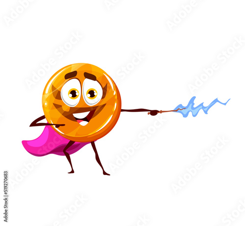 Cartoon Halloween lollipop wizard with magic wand. Vector smiling toffee character with pumpkin face and cape. Funny sweet dessert for kids trick or treat party Isolated pastry personage make spell