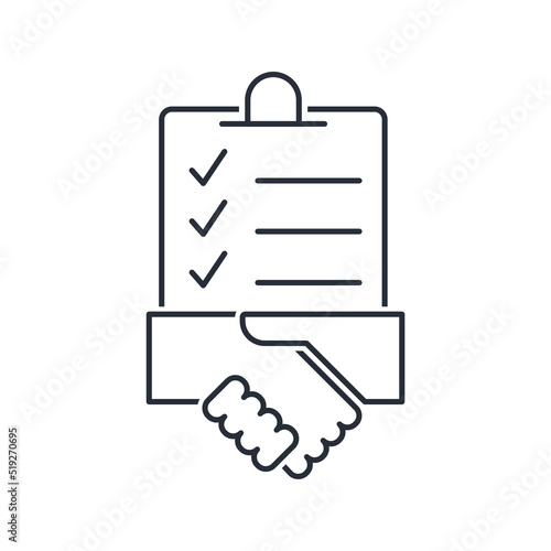Clipboard and handshake. Task done signed approved document. Project completed.Vector linear icon isolated on white background.