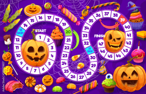 Cartoon Halloween holiday pumpkins, sweets and candies. Kids step board game with Halloween sweet treats, pumpkin Jack o lantern and spiderweb. Halloween dice game, children race playing activity